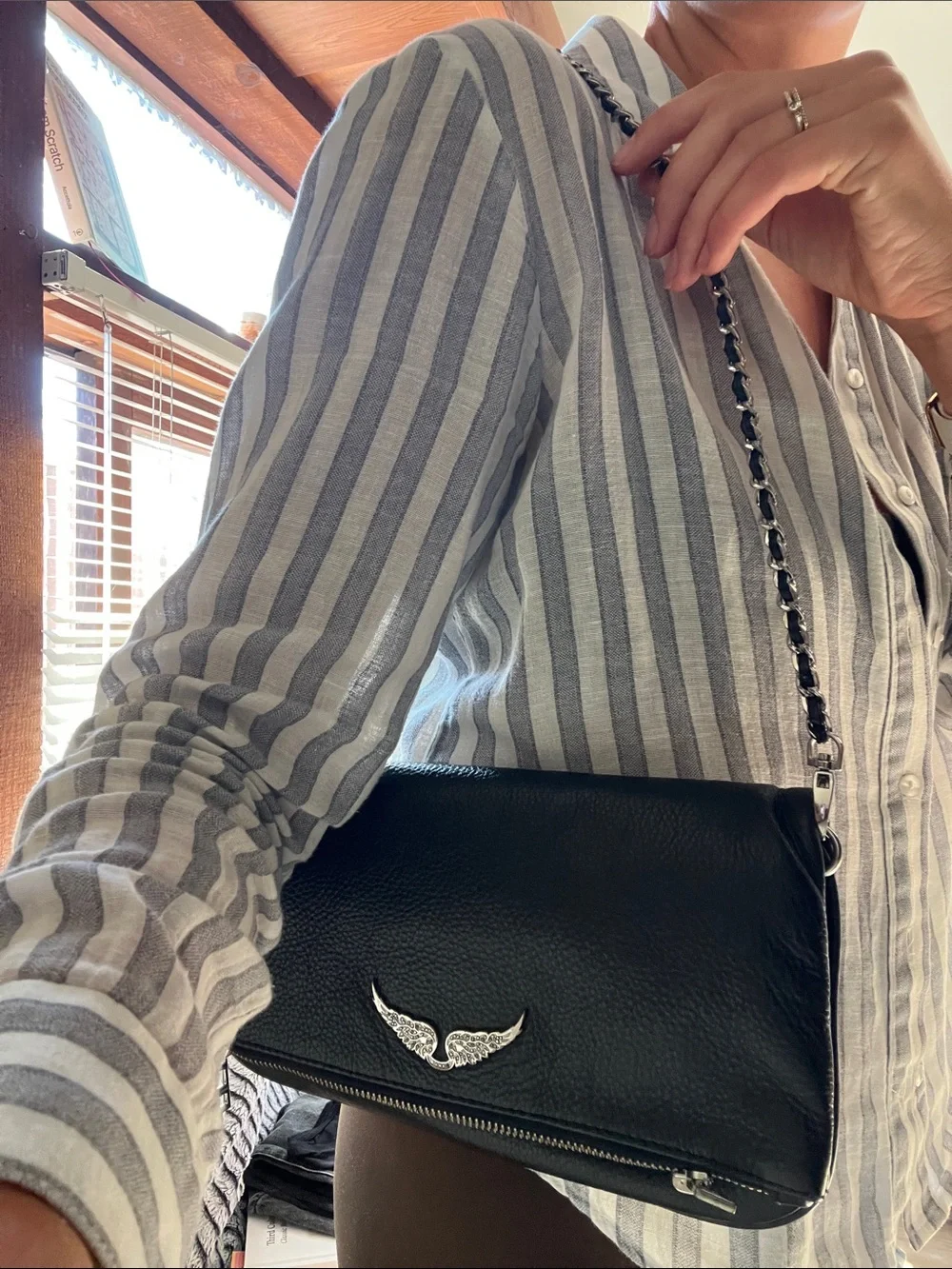 Zadig & Voltaire Black Pebbled Leather Crossbody with Silver Chain